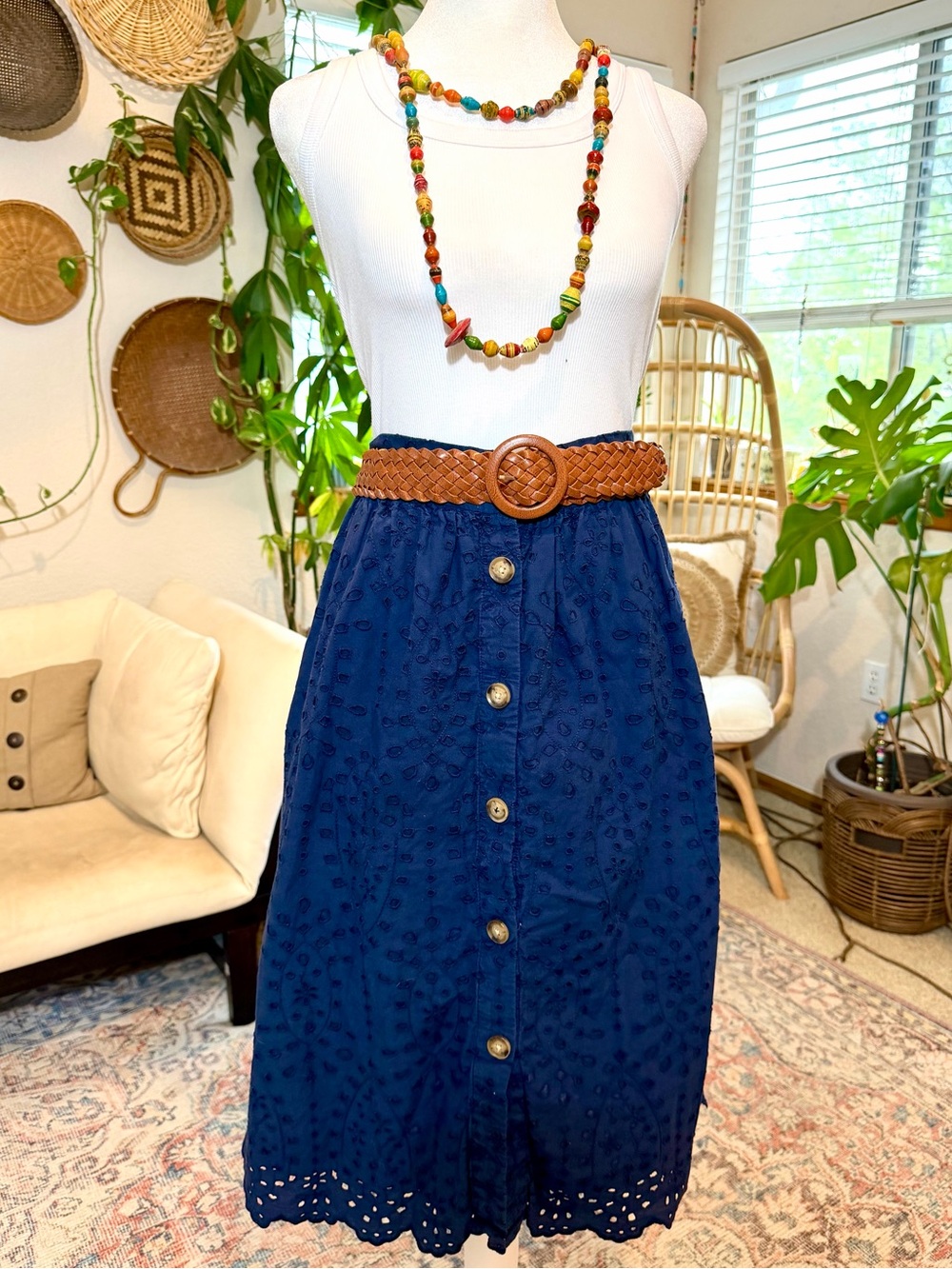 LOFT Cotton Eyelet Button Pockets Navy Blue Midi A-Line Skirt Spring Summer 4 S